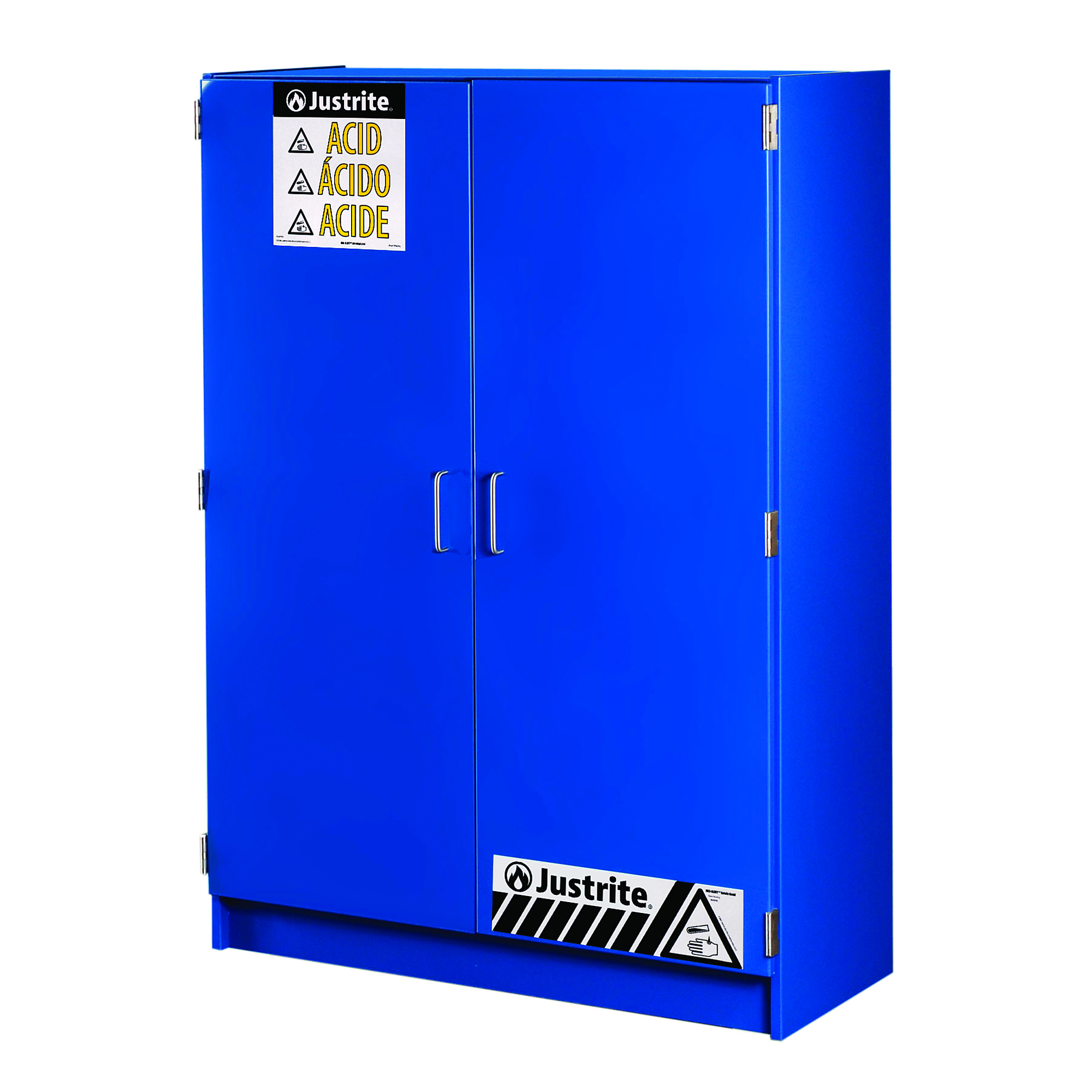 Justrite Corrosives Safety Cabinet — 49-Bottle Capacity, 2 Shelves, 2 Doors, Manual Close, Wood Laminate, Blue, Model# 24150